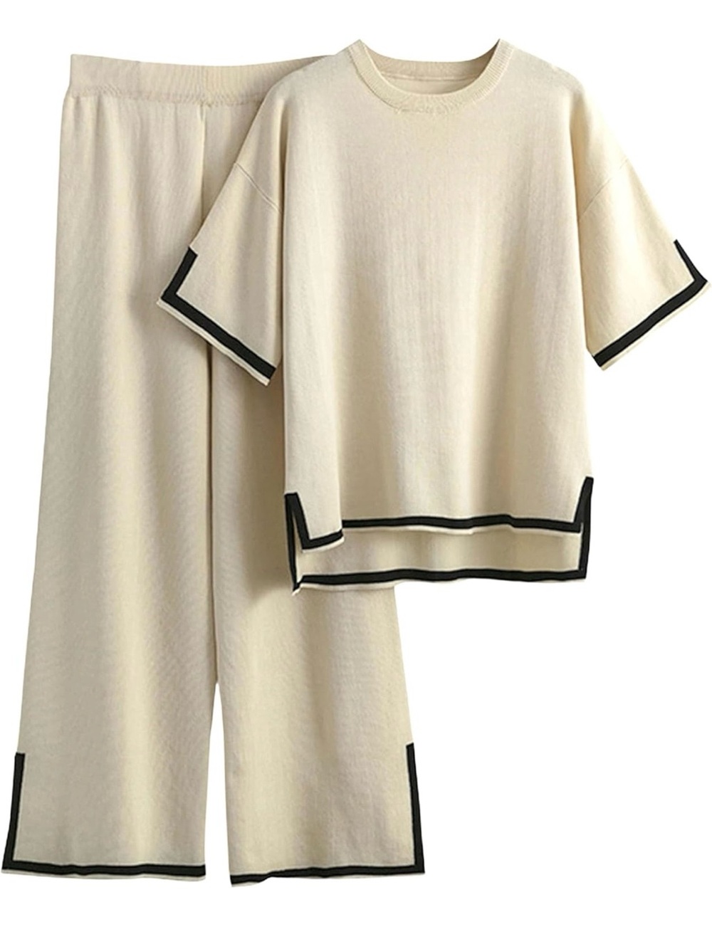 Cream Two-Piece Knit Set with Black Trim